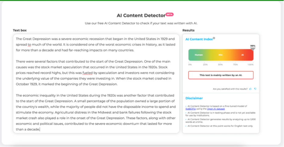 AI Content Detector By Crossplag Interface